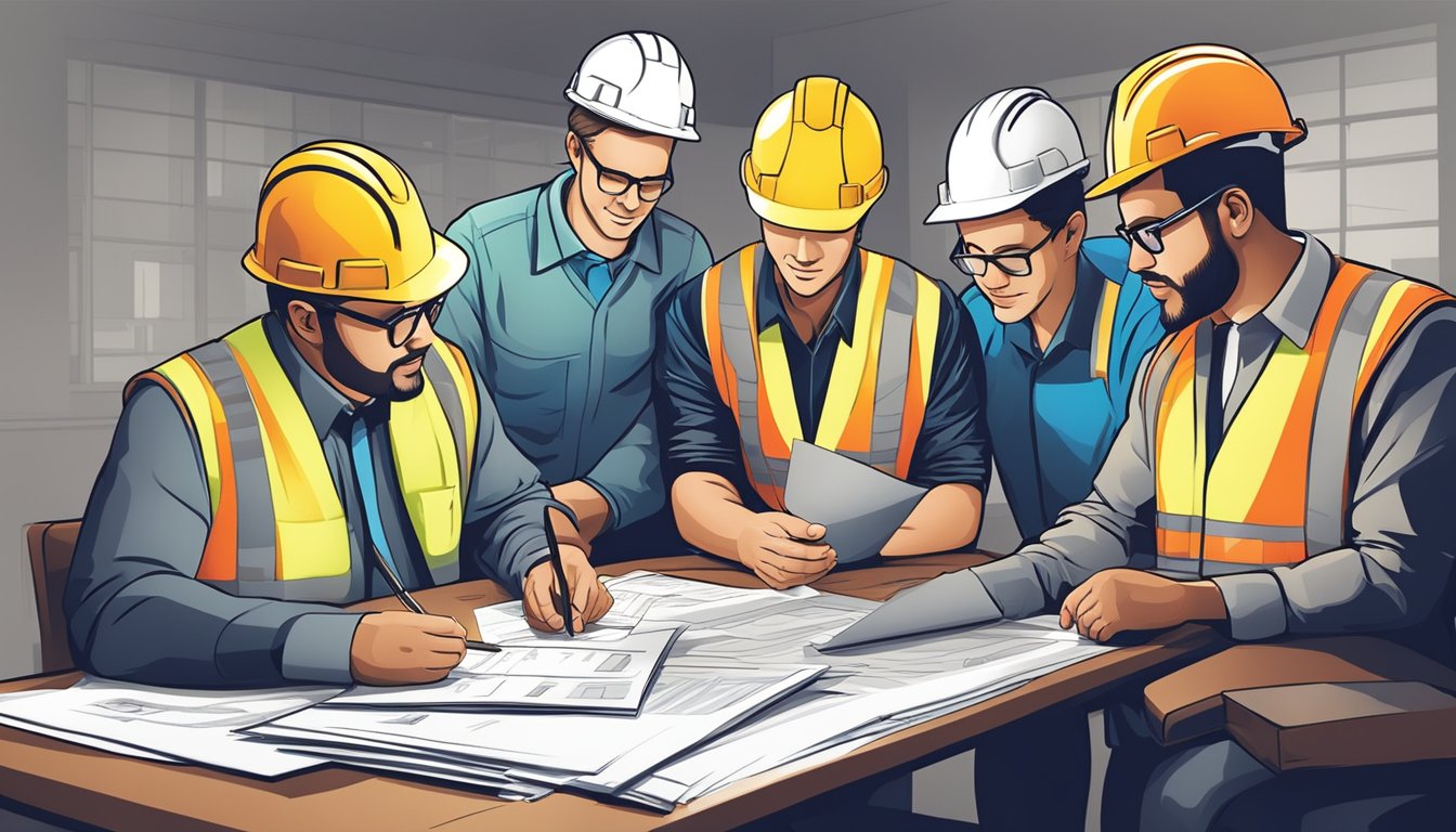 A group of construction professionals gather around a table, examining financial documents and discussing strategies for maximizing profit and driving expansion
