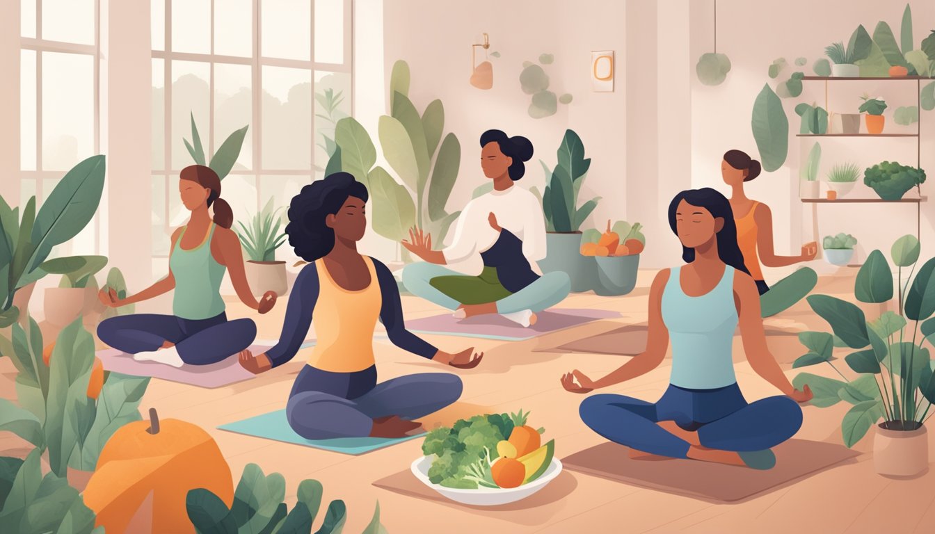 A group of people engaging in various health and wellness activities, such as yoga, meditation, and healthy cooking, with a focus on promoting a brand