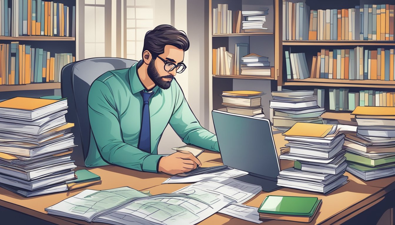 An accountant carefully analyzing data charts and spreadsheets, surrounded by books and a computer, with a determined expression