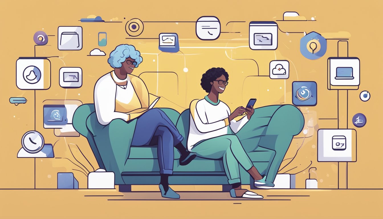 A smiling customer scrolls through captivating content on their phone, while a brand's logo subtly appears in the background