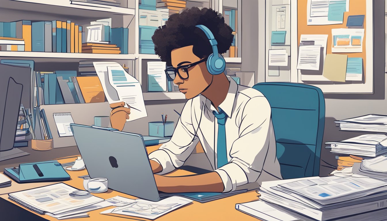 A person sitting at a desk, meticulously recording expenses for sponsored content and native advertising. They are surrounded by papers, a computer, and a notebook