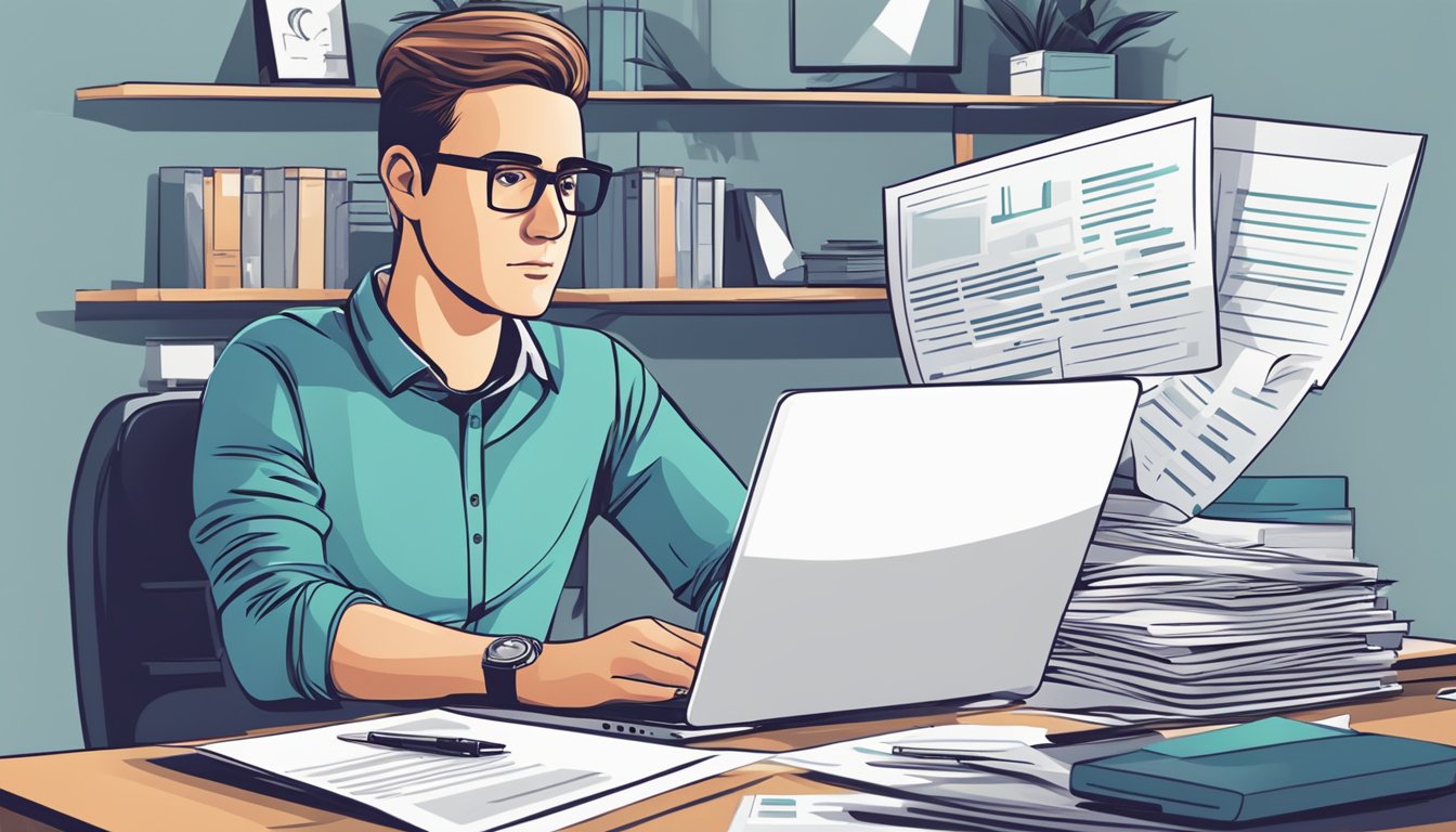 A person sitting at a desk surrounded by financial documents and a laptop, with a determined expression while working on email marketing campaign accounting