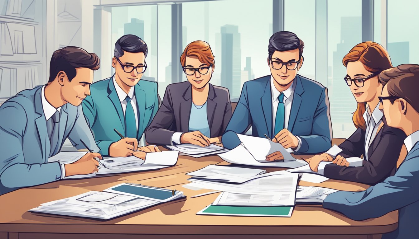 A group of accountants and auditors gather around a table, studying documents and discussing the new lease accounting standards