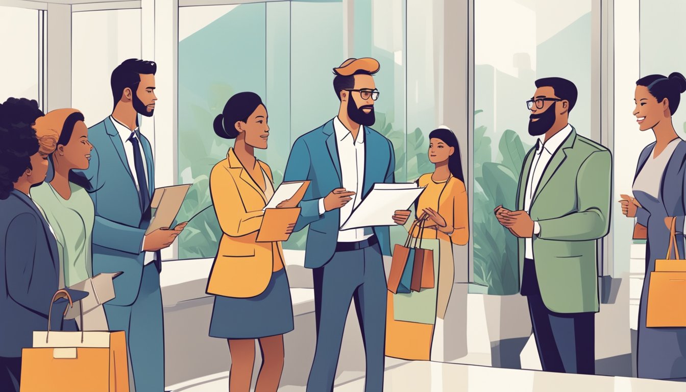 A confident salesperson engages with a diverse group of customers, using persuasive language and compelling visuals to guide them through a seamless buying process