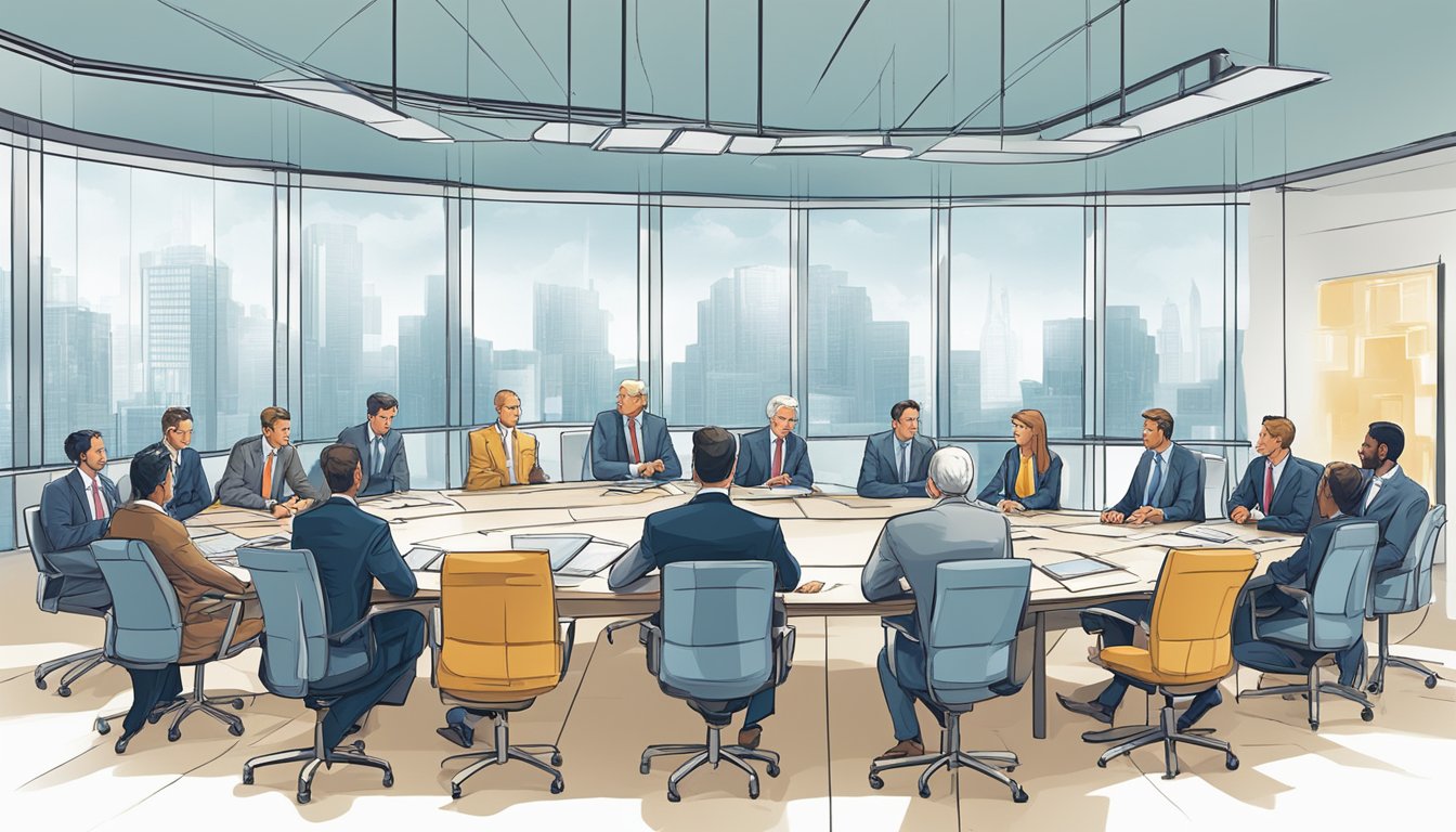 A group of high-income earners in finance gather in a boardroom, discussing tax strategies. Charts and financial data cover the walls as they engage in intense conversation