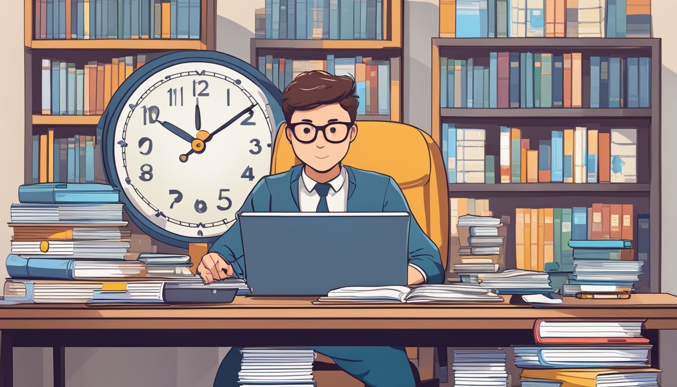 A trainee accountant sits at a desk, surrounded by textbooks and spreadsheets. A clock on the wall shows different time zones. The trainee balances work and study with determination