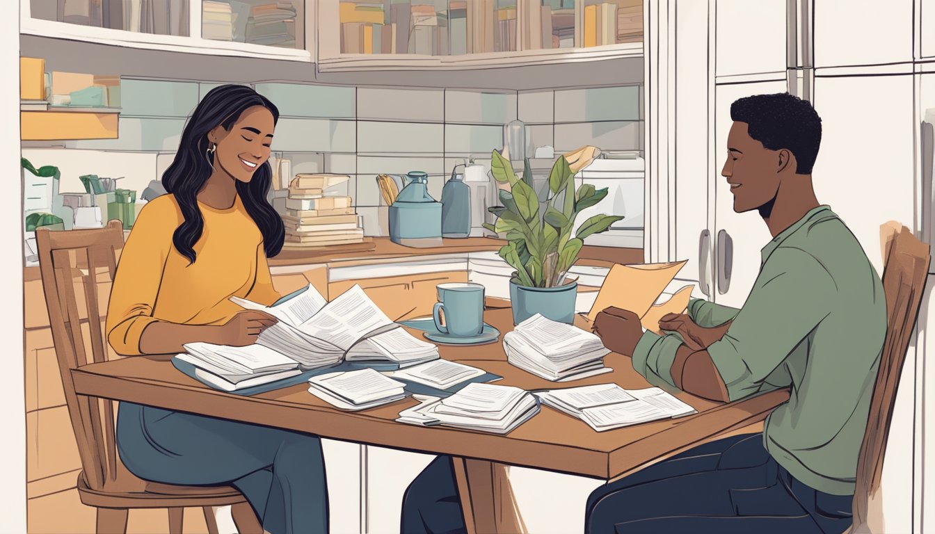 A couple sits at a kitchen table, surrounded by financial planning books and papers. They are discussing their goals for saving for a wedding and a home purchase