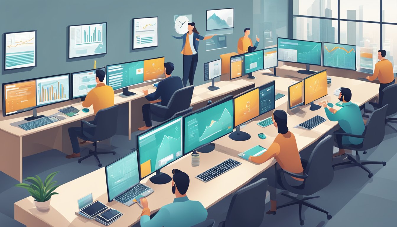 A bustling office with employees analyzing digital marketing data on computer screens, while a confident manager oversees the process