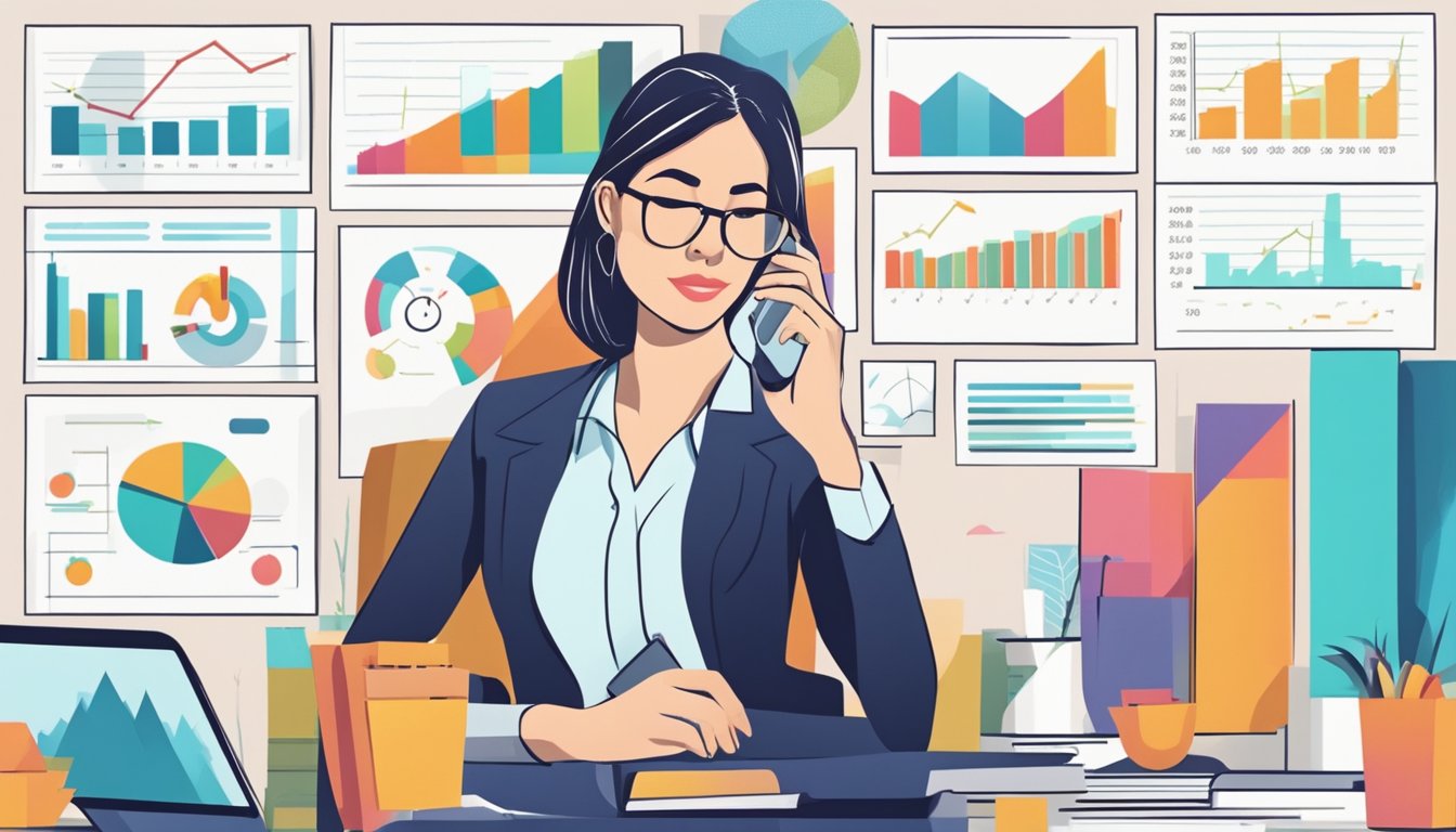 A businesswoman analyzing financial reports on her mobile phone, surrounded by charts and graphs