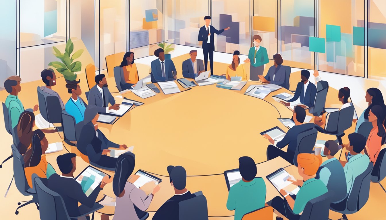 A group of professionals attend a virtual event, engaging with the presenter and networking in a virtual environment