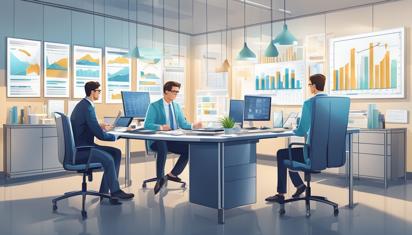 Accountants analyzing financial data in a pharmaceutical office, surrounded by graphs and charts, contributing to the sector's growth and stability