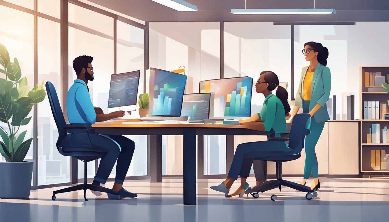 A team of diverse professionals collaborate in a modern office, showcasing innovation and success in accounting