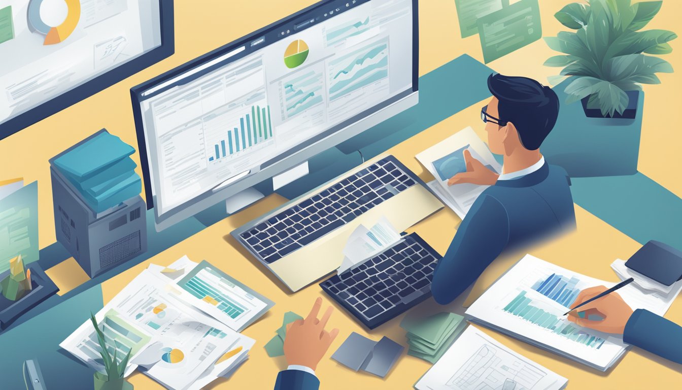 A person sitting at a desk surrounded by financial documents, updating a detailed financial plan on a computer