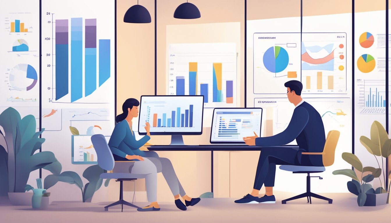 A person sits with a financial coach, discussing goals and strategies. Charts and graphs line the walls, showing progress and potential