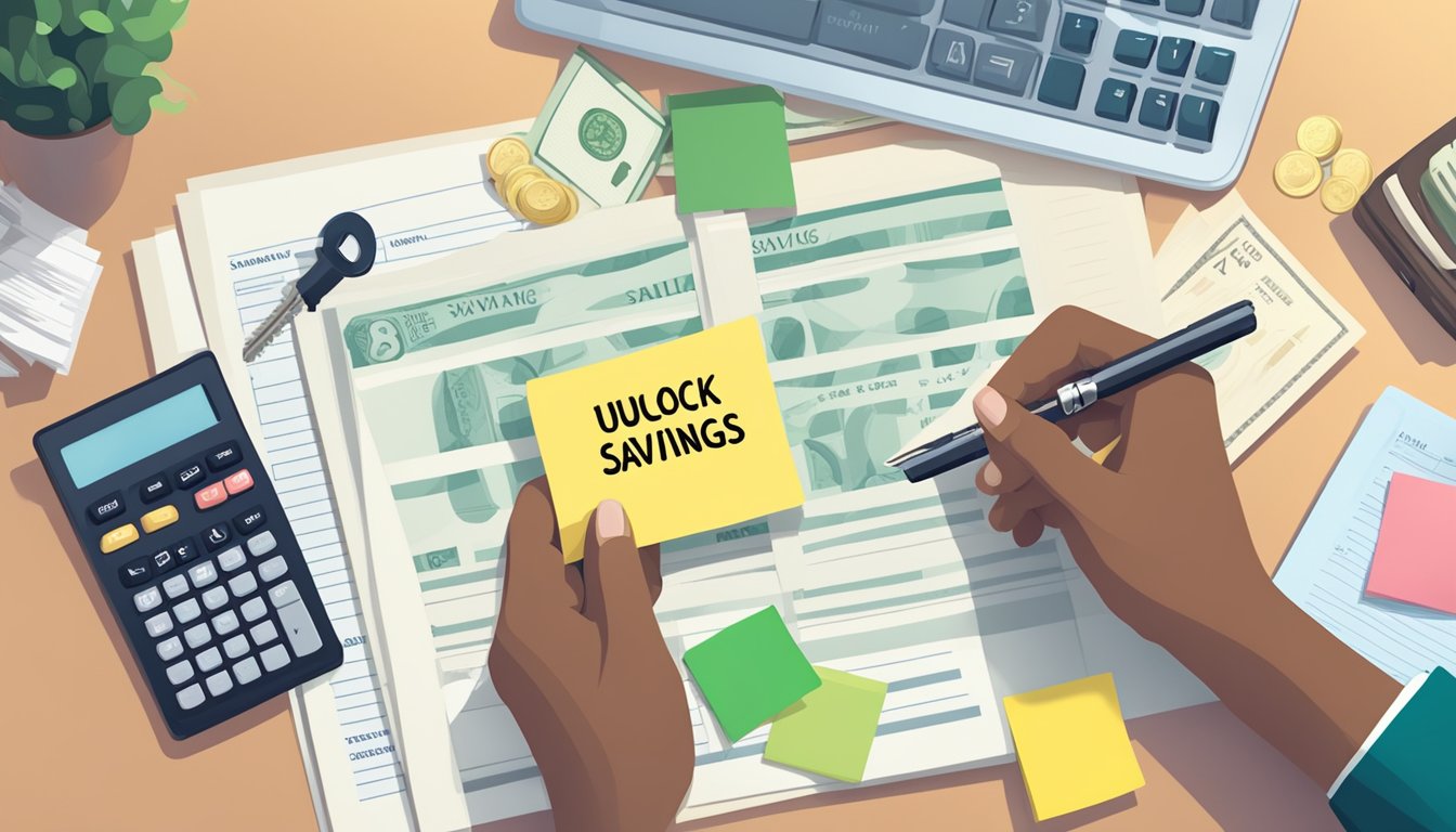 A person holds a key with "Unlock Your Savings" engraved on it, surrounded by legal documents and a calculator, with money-saving tips written on sticky notes