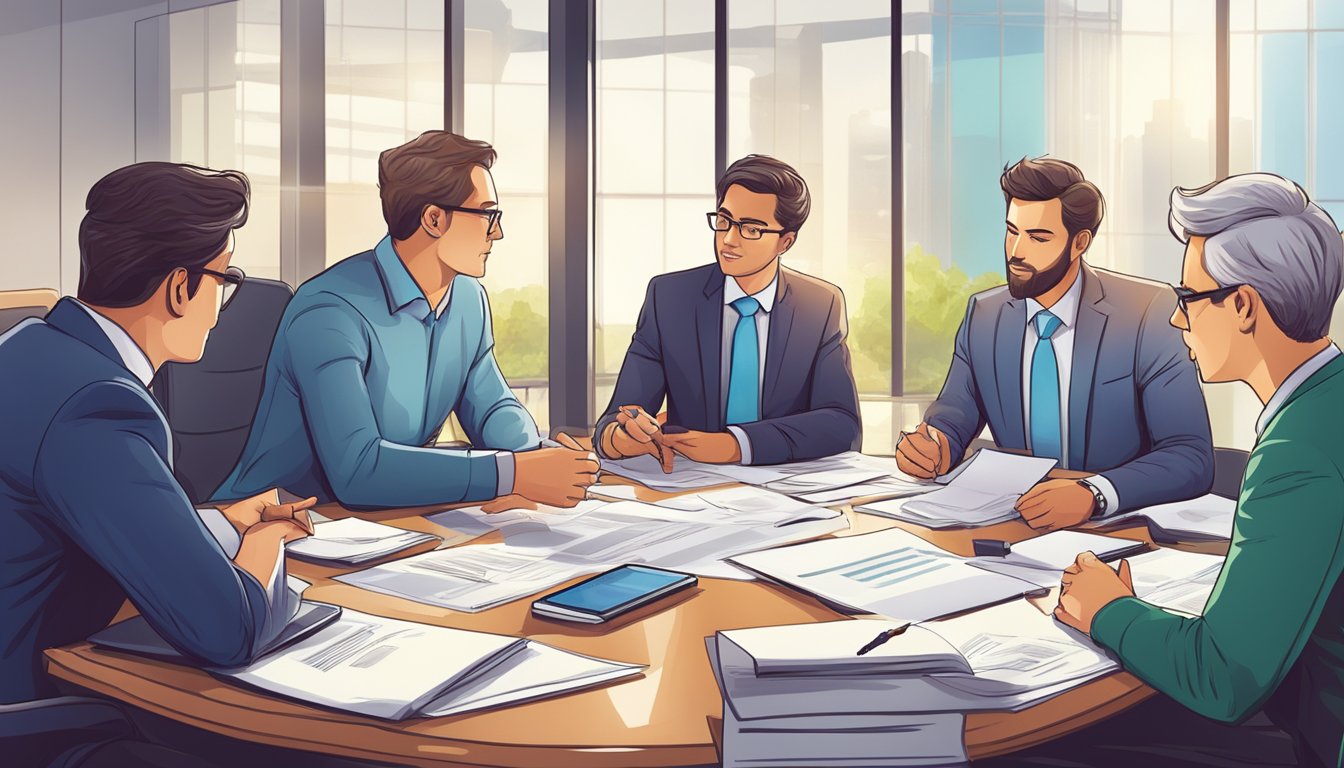 A group of accountants and agribusiness professionals gather in a conference room, discussing financial strategies and examining spreadsheets