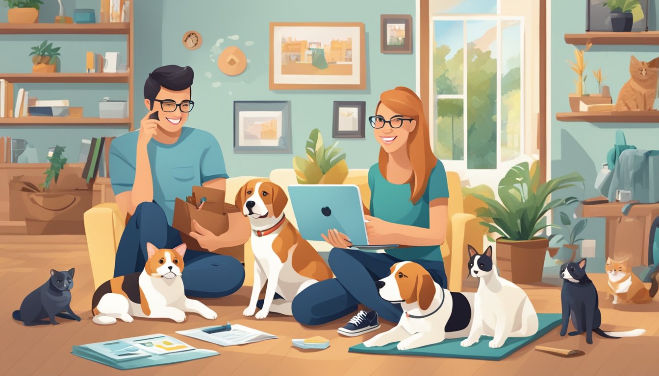 A bustling pet care business, with happy pets and satisfied owners, surrounded by engaging content marketing materials
