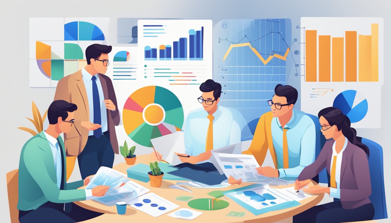A group of professionals analyzing financial data, surrounded by charts and graphs, discussing the application of financial ratios for business insights