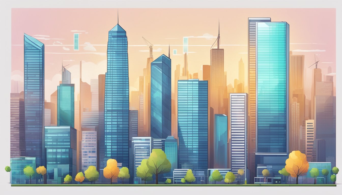 A bustling city skyline with a modern office building at the forefront, showcasing financial charts and graphs on digital screens