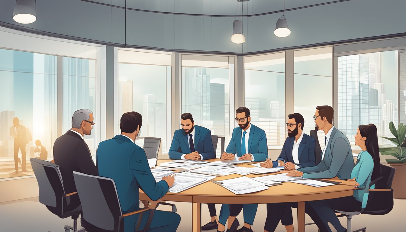 A group of business professionals gathered around a conference table, analyzing financial statements and charts as they discuss strategic planning