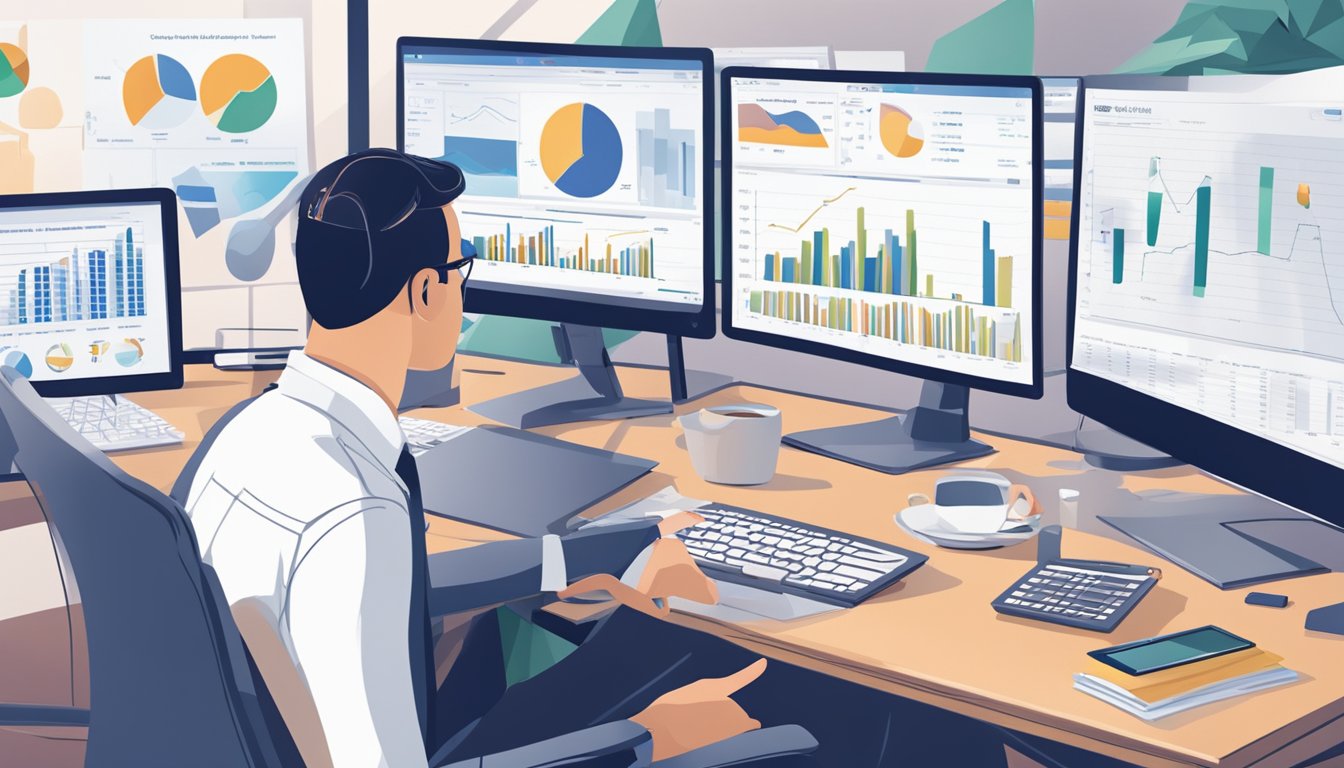 A person sits at a desk surrounded by financial documents, speaking with a financial advisor. Charts and graphs are displayed on a computer screen