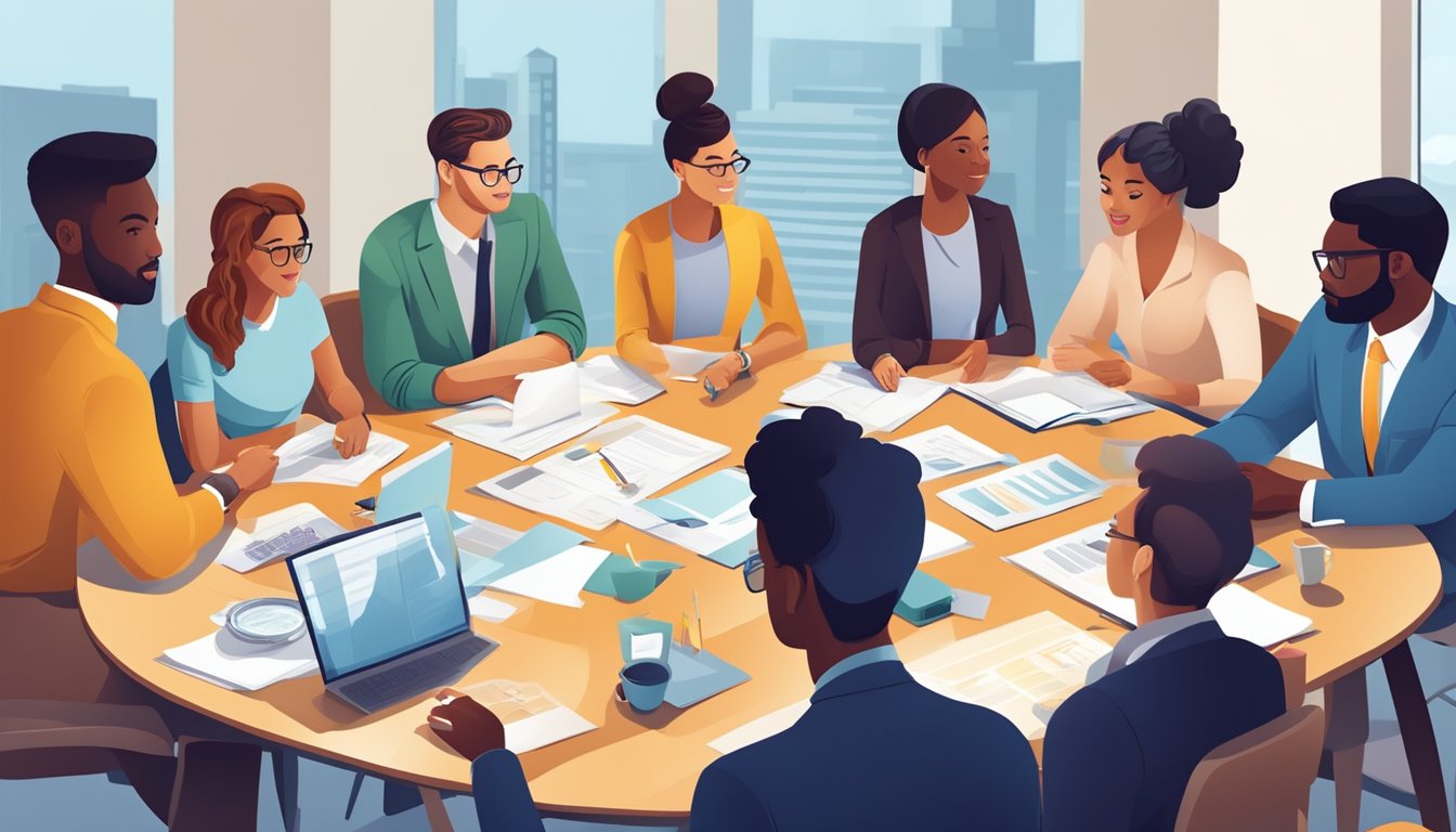 A diverse group of people from different backgrounds and professions gather around a table, discussing various investment opportunities and strategies