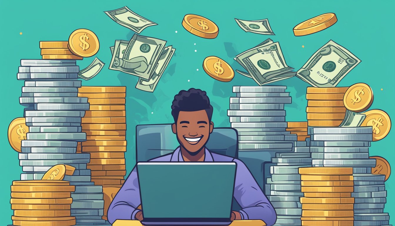 A person surrounded by stacks of money, with a laptop open to an affiliate marketing program, smiling confidently