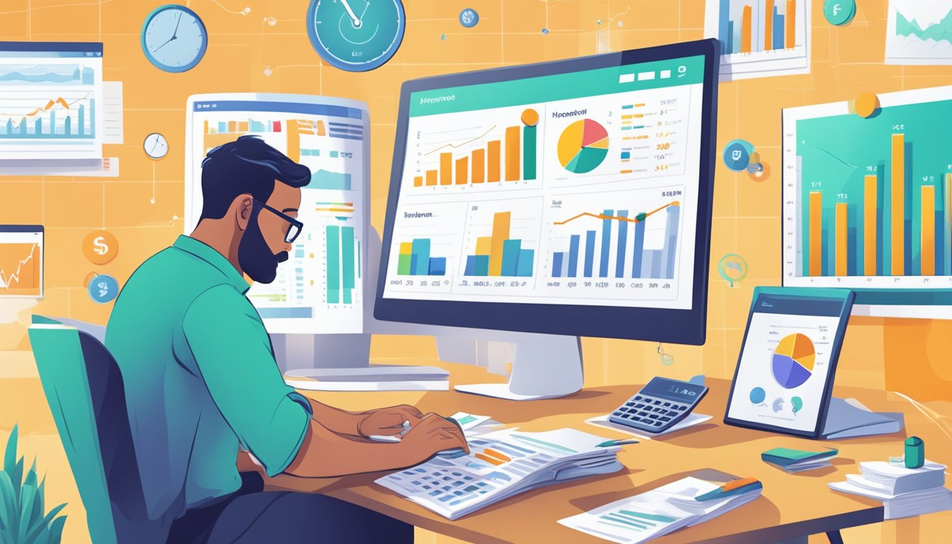 A person surrounded by financial charts and graphs, analyzing key metrics to transform personal finance