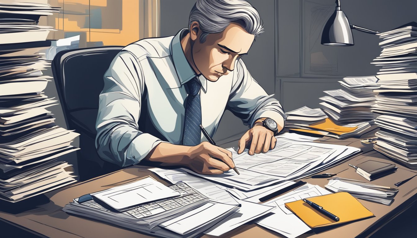 A person sits at a desk, surrounded by financial documents, analyzing and reviewing their financial statements with a focused expression