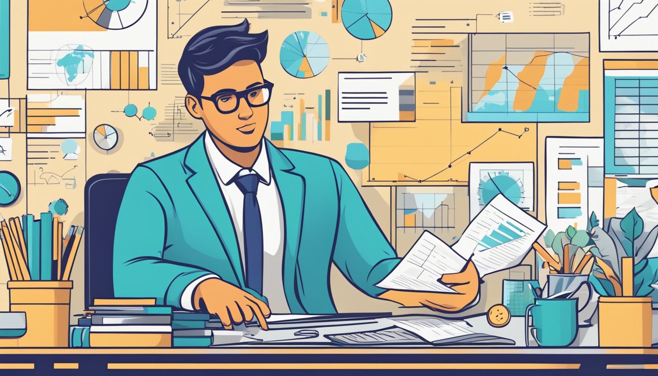 A person surrounded by financial tools, charts, and graphs, confidently managing their finances
