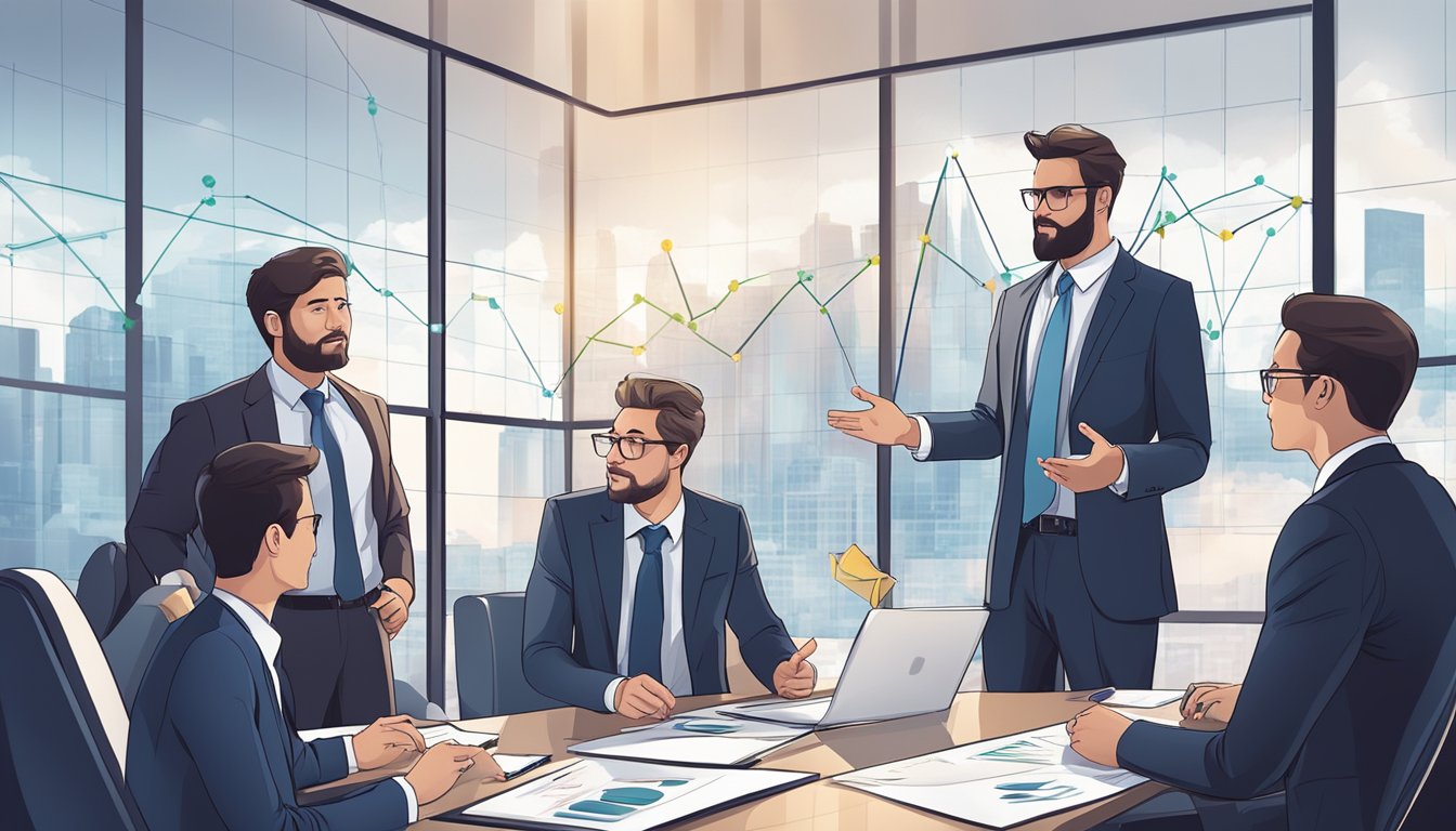 A group of executives in suits discuss financial strategies in a modern boardroom, surrounded by charts and graphs