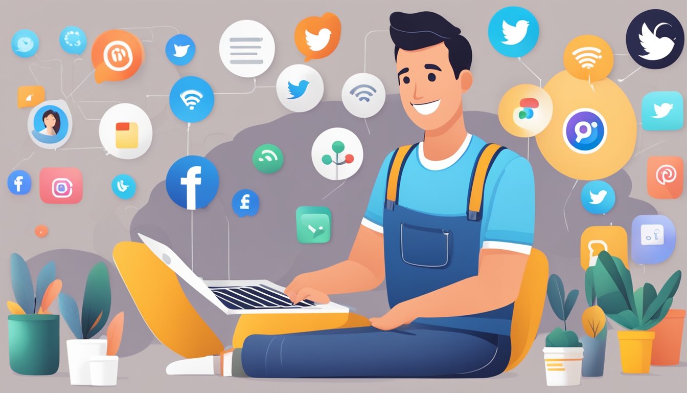 A smiling customer holds hands with a content creator, surrounded by engaging social media posts and personalized product recommendations