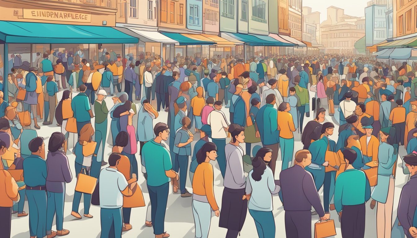 A bustling marketplace with a crowd eagerly surrounding a new product, while a confident entrepreneur sets a high initial price