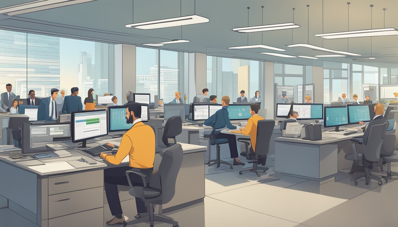 An accountant sits at a desk in a bustling bank, surrounded by financial reports and computer screens. Customers line up at the teller windows, while the accountant diligently analyzes data to unlock profit potential