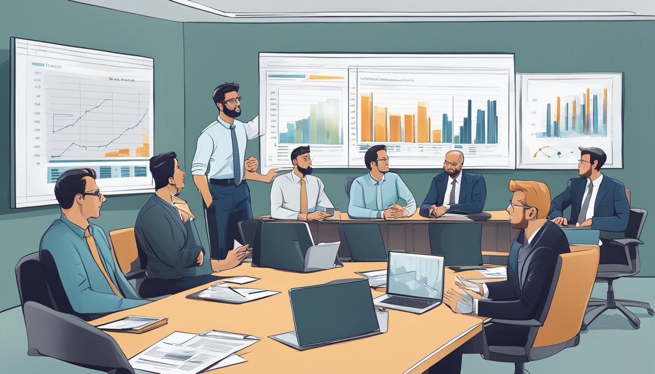 A group of accountants and automotive industry professionals discussing financial strategies in a conference room filled with charts and graphs