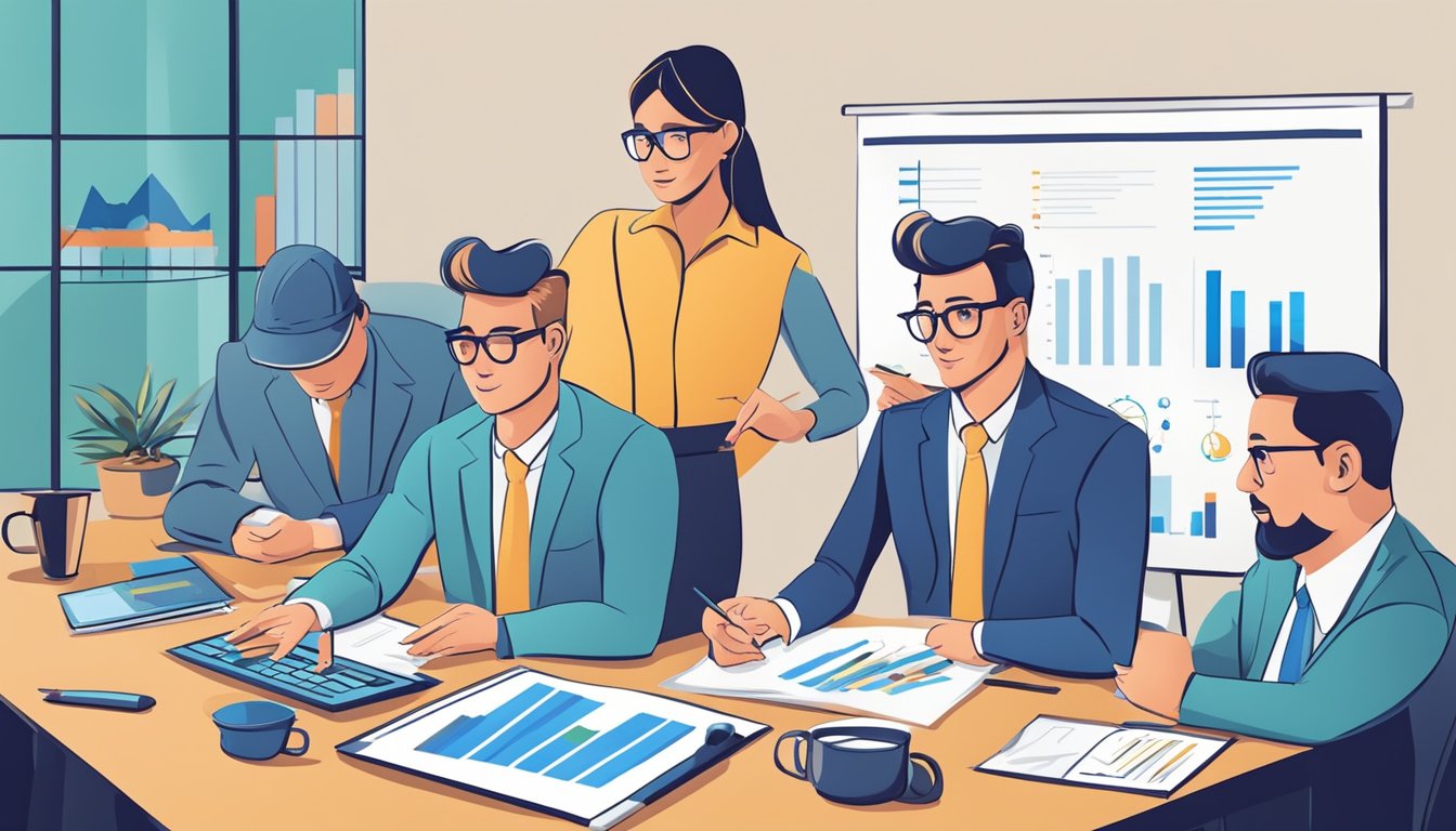 Accountants strategize with charts and graphs, analyzing profit potential in the entertainment industry