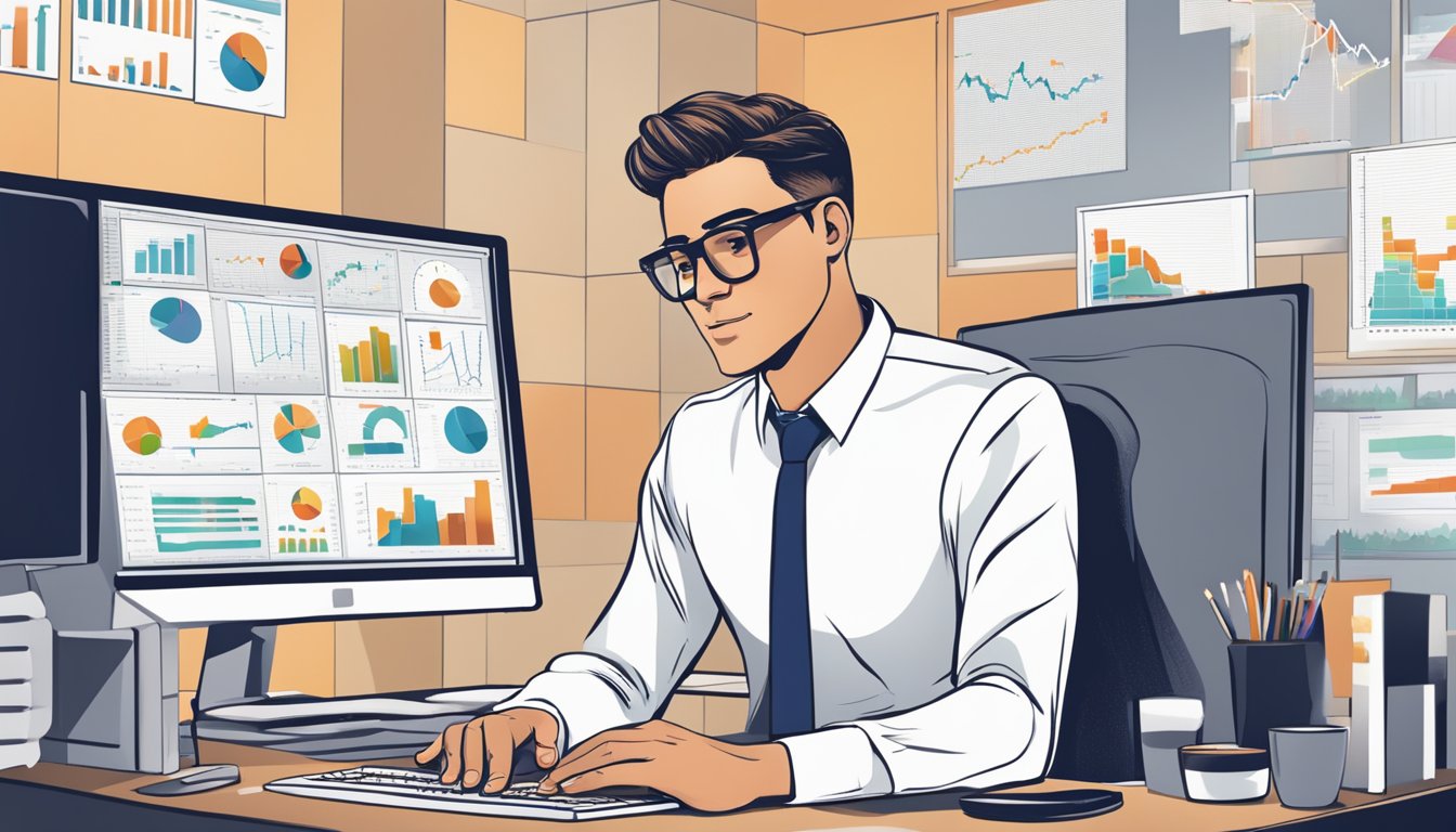 A person in business attire analyzing data on a computer screen, surrounded by charts and graphs, with a confident expression