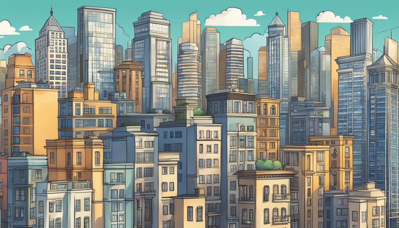 A bustling city skyline with a mix of modern high-rises and historic buildings, showcasing the real estate boom