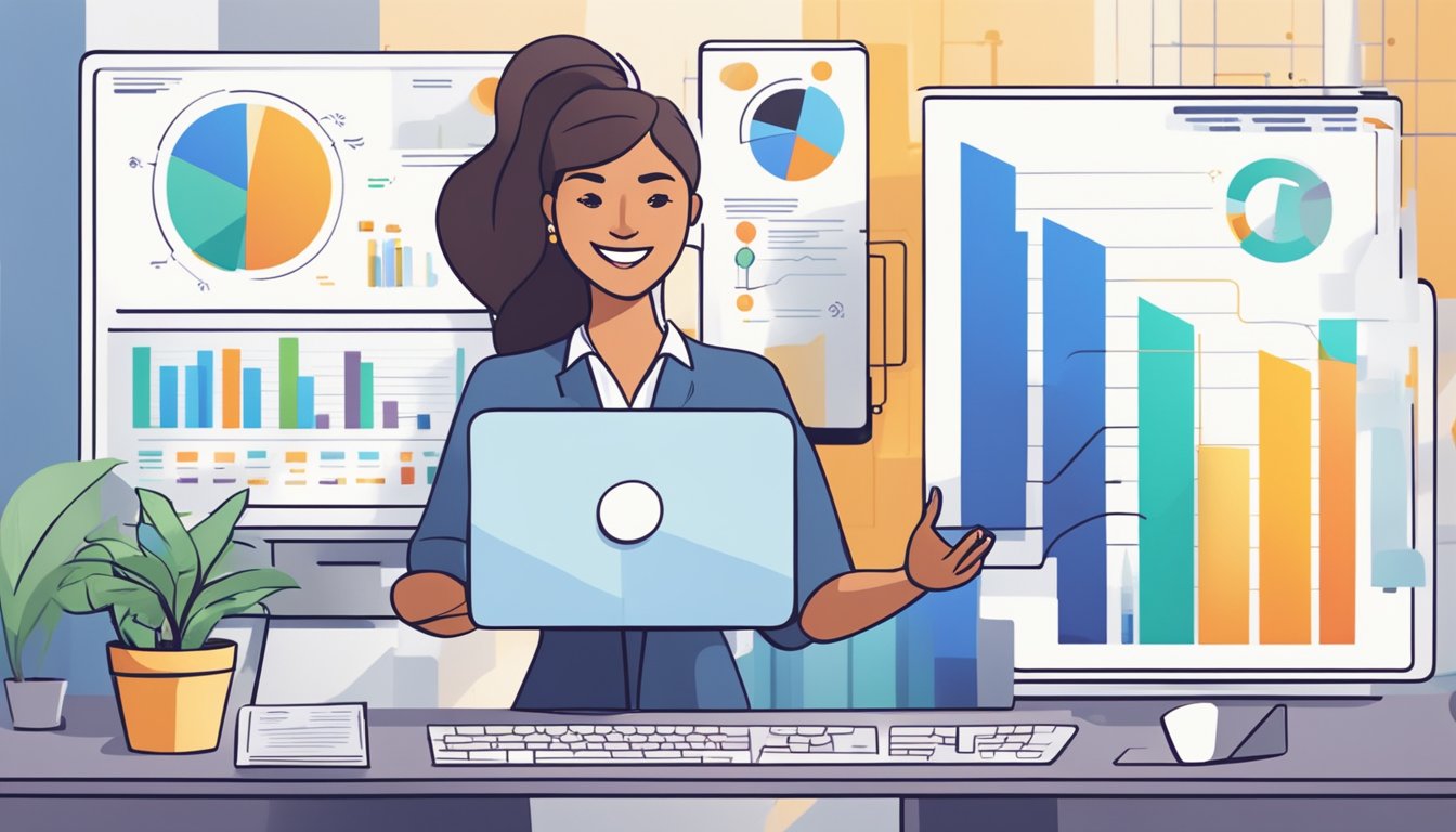 A businesswoman analyzes SEO data on a computer, surrounded by charts and graphs. She smiles as she discovers the financial gains from mastering SEO reporting