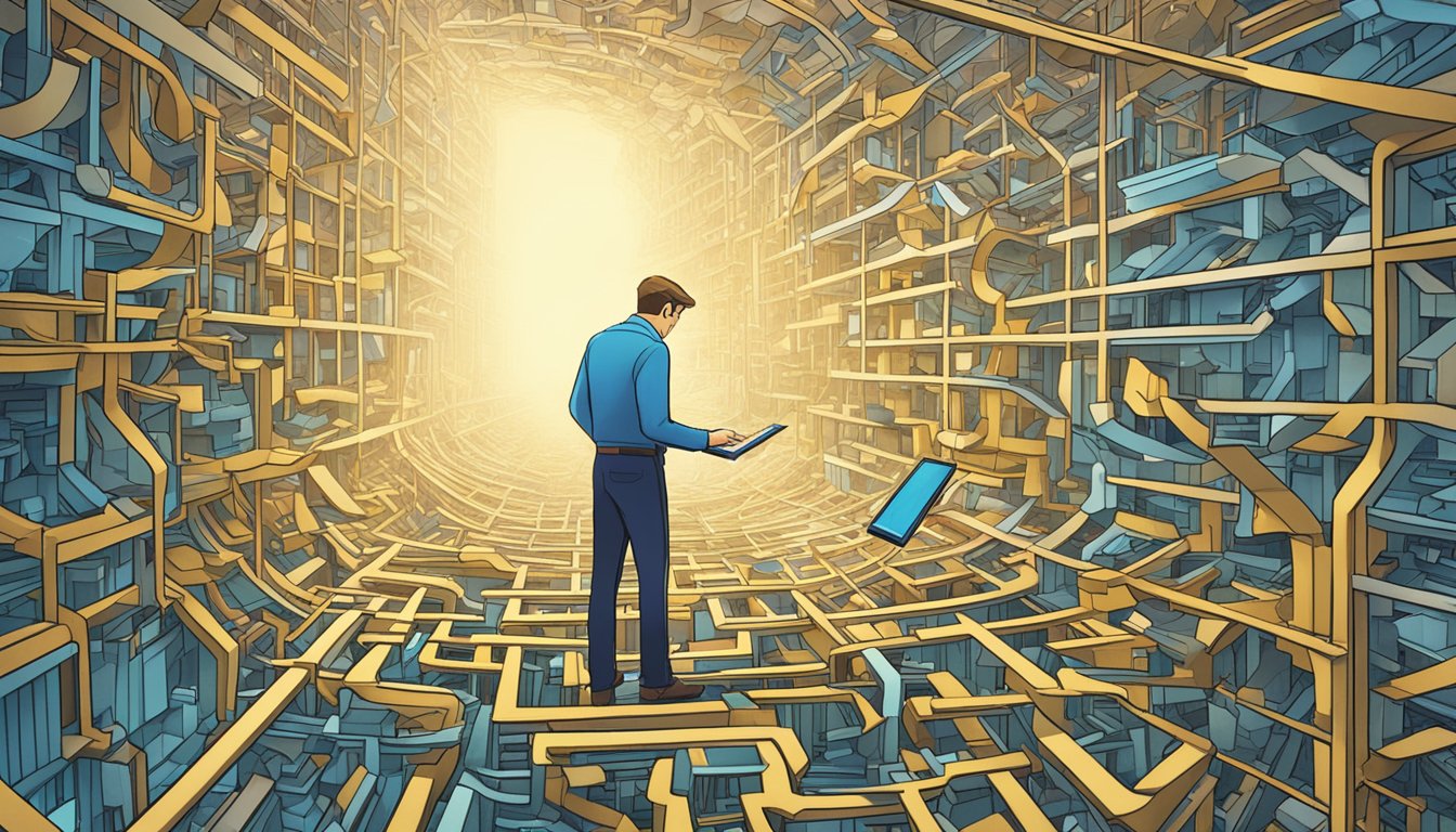 A marketing professional examines a maze of tangled digital assets, searching for a way to navigate the complexities of depreciation