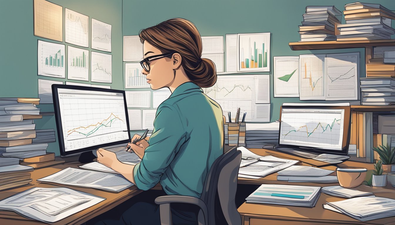 A young woman sits at a desk, surrounded by books and papers. She is intently studying stock market charts and graphs, a determined look on her face as she seeks to unlock the secrets of investing success