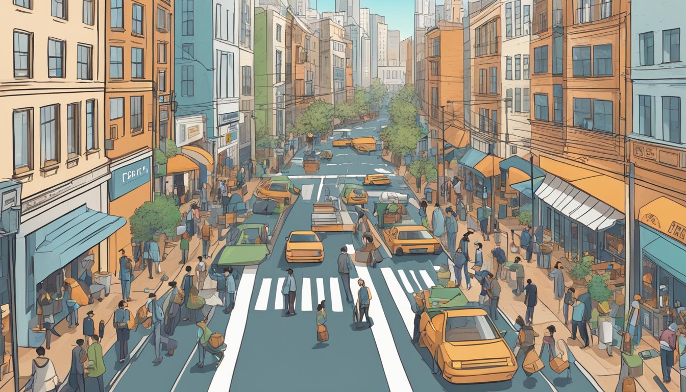 A bustling city street with workers and customers engaging in various gig economy activities, while a figure stands confidently in the foreground, adjusting a pricing strategy