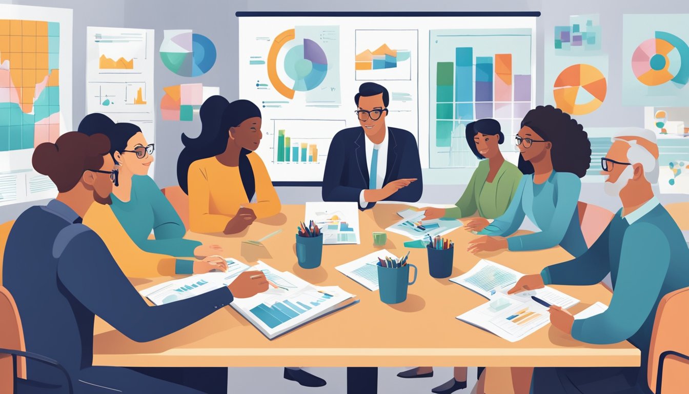 A group of diverse individuals gather around a table, discussing financial strategies. Charts and graphs adorn the walls, symbolizing the essential benefits of financial planning for nonprofits