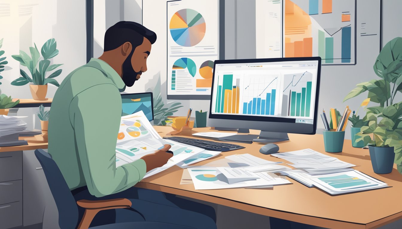 A small business owner sits at a desk, surrounded by financial documents and charts. They are engaged in a focused conversation with a financial planner, mapping out a path to success