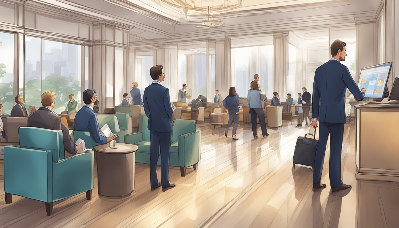A bustling hotel lobby with a transparent financial report displayed on a large screen, as staff and managers discuss strategies for success