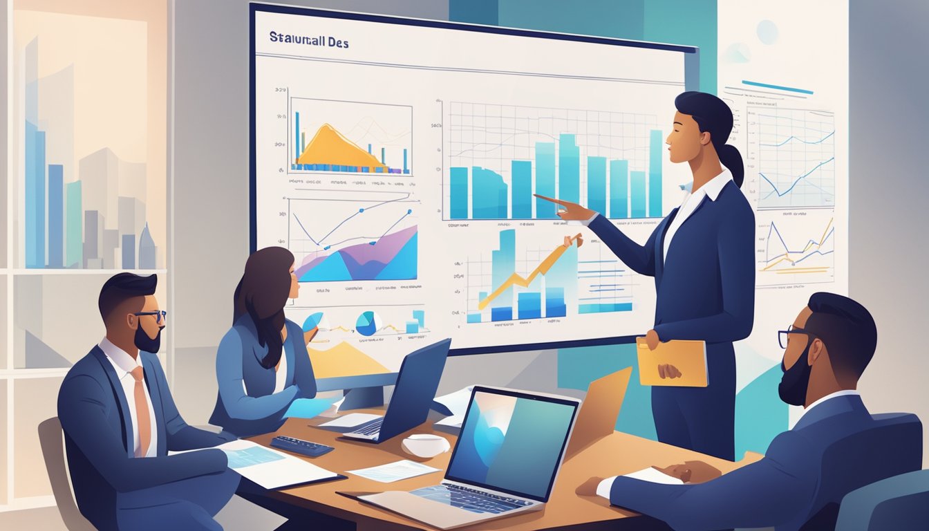 A group of business professionals analyze financial data, pointing at charts and graphs, while a confident leader discusses leveraging data for success
