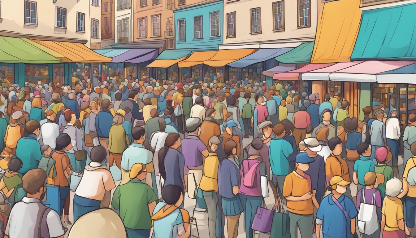 A vibrant, bustling marketplace with a new product prominently displayed at a lower price, drawing in a crowd of eager customers