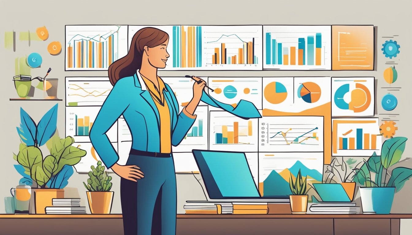 A business owner confidently adjusts pricing strategy, surrounded by growing profits and satisfied customers