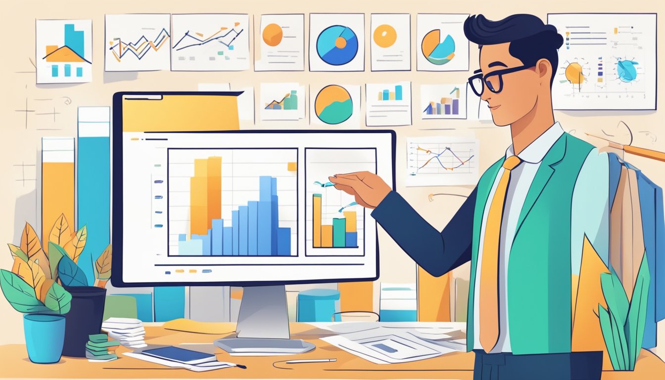 A business owner confidently adjusts a pricing strategy, surrounded by charts and graphs showing increased profits