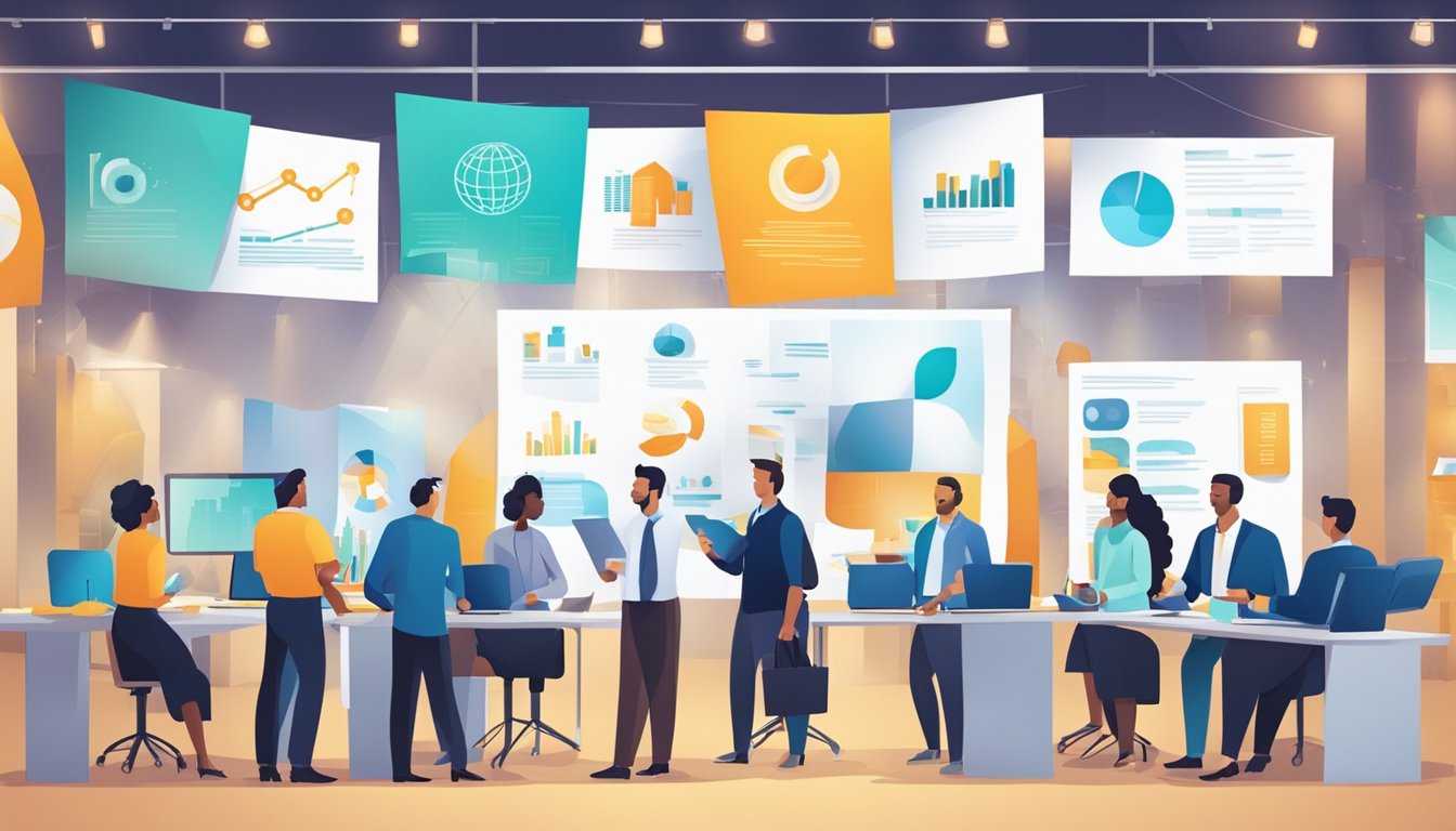 A group of accountants gather at a conference, exchanging knowledge and networking. They are surrounded by banners and booths representing various professional accounting associations